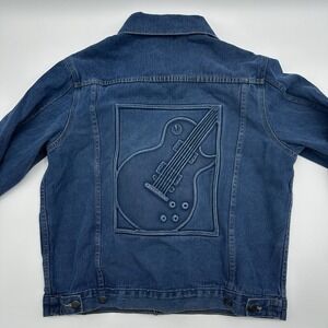Vtg Tyca Denim Jean Jacket Embossed Guitar Mens Large Trucker Made USA Blue Y2K‎